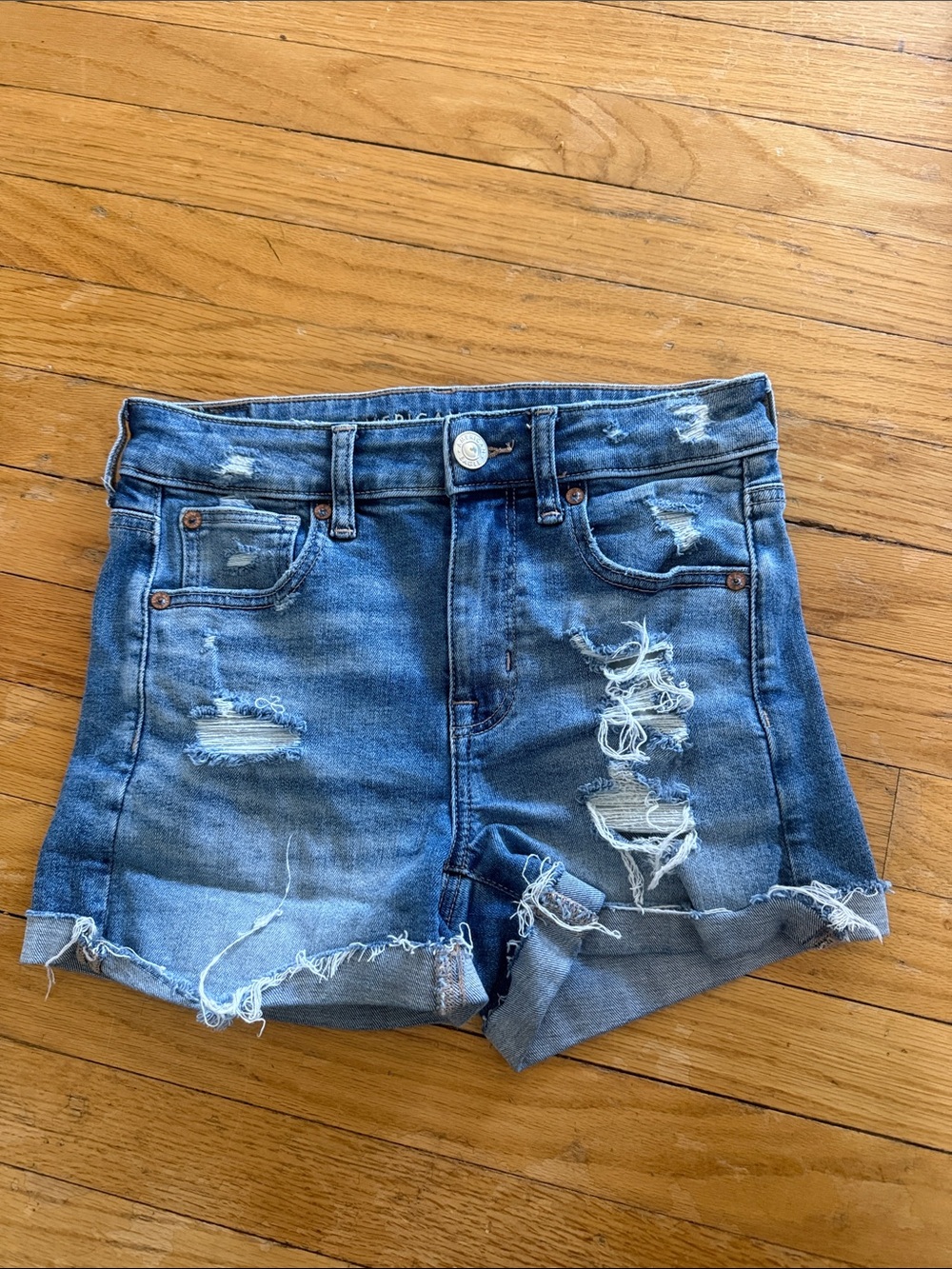 American Eagle Outfitters Distressed High-Rise Denim Shorts - Blue